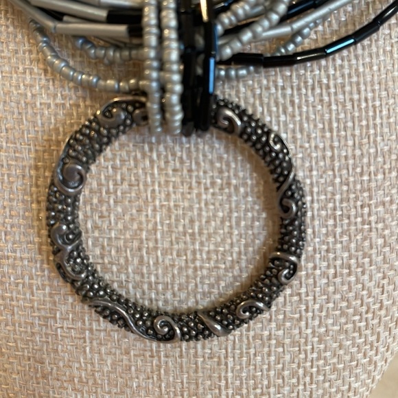 Vintage 1980s-90s Beaded 12 Strand Necklace Textured Pendant, Jet Silver - Picture 2 of 5